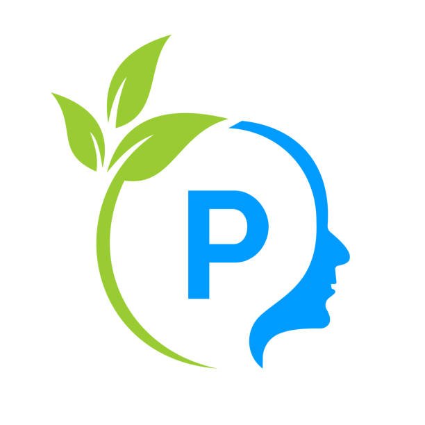 small tree brain on p letter logo design. leaf head sign template