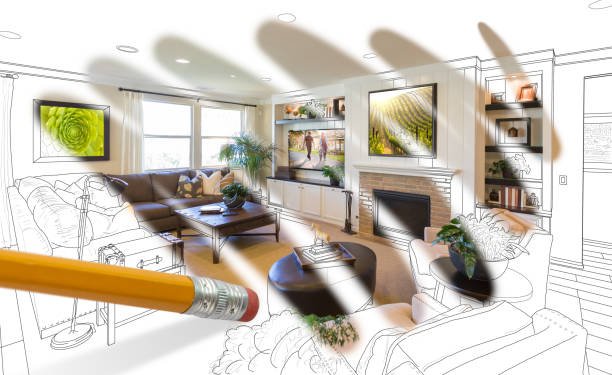 Visualization for Elite Living on Budget - a pencil drawing lines over a partially finished image of a luxurious, well-decorated living room, representing a person visualizing and planning their financial success through daily habits and mental imagery.