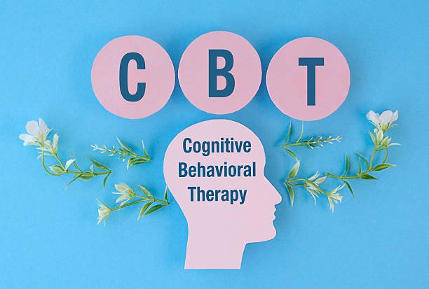 Diagram showing the words Cognitive Behavioral Therapy on a person's head, illustrating the focus of CBT as a type of therapy.