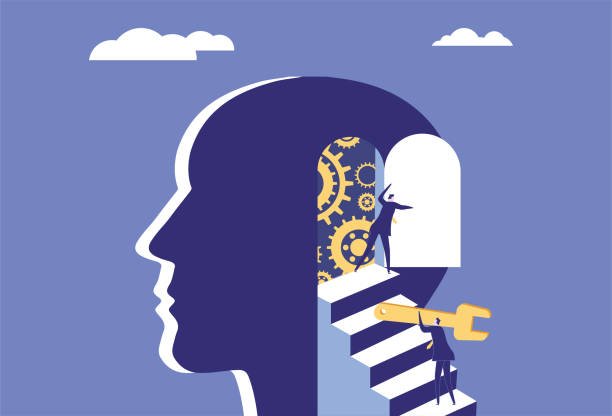 two business men repairing gears in brain